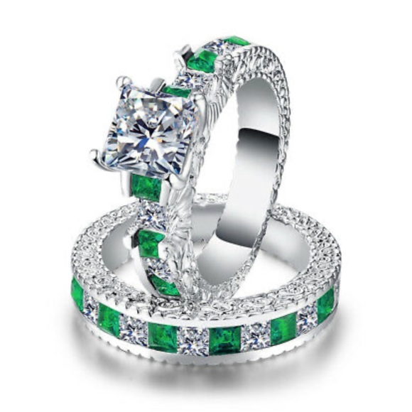 Jewelry - 2pcs/set Princess Cut Sapphire 925 Silver Ring